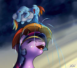 Size: 1200x1066 | Tagged: safe, artist:xbi, rainbow dash, twilight sparkle, pony, g4, cloud, crying, hat, laughing, smiling, umbrella hat, your tears are delicious