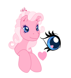 Size: 1024x1121 | Tagged: safe, artist:prettywitchdoremi, pinkie pie, g3, g4, female, heart, heart eyes, japanese, simple background, solo, text, transparent background, vector, wingding eyes