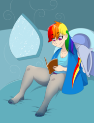 Size: 1024x1342 | Tagged: safe, artist:megablack0x, rainbow dash, human, g4, bed, book, clothes, feet, female, humanized, nail polish, pantyhose, reading, solo, thunder thighs