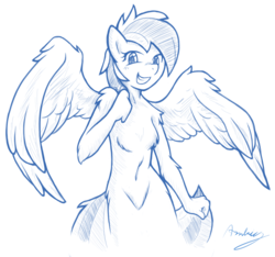 Size: 1353x1268 | Tagged: safe, artist:ambris, rainbow dash, anthro, g4, belly button, belly fluff, breasts, chest fluff, delicious flat chest, featureless breasts, female, fluffy, fuzzy breasts, monochrome, nudity, rainbow flat, simple background, small breasts, solo, white background