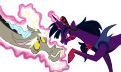 Size: 1531x918 | Tagged: safe, artist:strixmoonwing, discord, twilight sparkle, pony, dungeons and discords, g4, evil twilight, fight, hilarious in hindsight, magic, midnight eclipse, nightmare twilight, nightmarified, simple background, transparent background