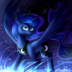 Size: 750x750 | Tagged: safe, artist:cosmalumi, princess luna, alicorn, pony, g4, female, mare, signature, smiling, solo, stars