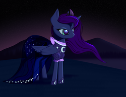 Size: 3300x2550 | Tagged: safe, artist:styroponyworks, princess luna, g4, clothes, dress, female, high res, night, over the moon, solo