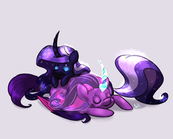 Size: 5000x4000 | Tagged: safe, artist:ogaraorcynder, nightmare rarity, twilight sparkle, pony, equestria girls, g4, absurd resolution, colored wings, colored wingtips, cuddling, curved horn, cute, equestria girls ponified, eyes closed, female, glowing horn, horn, leaning, lesbian, magic, mare, midnight sparkle, ponified, prone, ship:rarilight, shipping, simple background, smiling, snuggling, sparkles
