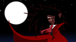 Size: 1800x1000 | Tagged: safe, artist:ardonsword, pony, vampire, alucard, clothes, fangs, full moon, hair over eyes, hellsing, hidden eyes, laughing, moon, night, ponified, sharp teeth, smiling, solo
