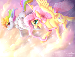 Size: 2400x1800 | Tagged: safe, artist:miragecomet, fluttershy, rainbow dash, pony, g4, female, flying, lesbian, looking at each other, mare, ship:flutterdash, shipping, sky, spread wings, sunset, windswept hair, windswept mane