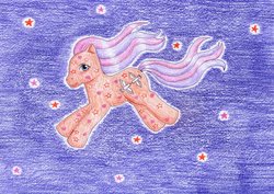 Size: 1024x725 | Tagged: safe, artist:normaleeinsane, brightglow, pony, g1, female, glow 'n show ponies, solo, stars, traditional art
