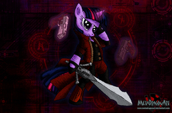 Size: 3037x2008 | Tagged: safe, artist:metadragonart, twilight sparkle, pony, g4, dante (devil may cry), devil may cry, devil may cry 4, female, gun, solo, sword, weapon