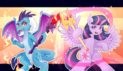 Size: 1850x1072 | Tagged: safe, artist:pika-chany, princess ember, twilight sparkle, alicorn, dragon, pony, g4, gauntlet of fire, bloodstone scepter, dragon lord ember, scepter, twilight scepter, twilight sparkle (alicorn)