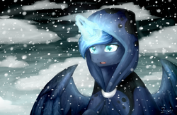 Size: 2000x1304 | Tagged: safe, artist:jazzerix, princess luna, spirit of hearth's warming yet to come, a hearth's warming tail, g4, blizzard, cloak, clothes, female, magic, snow, snowfall, solo, spread wings