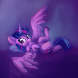 Size: 2000x2000 | Tagged: safe, artist:lilfunkman, twilight sparkle, alicorn, pony, g4, anatomically incorrect, chromatic aberration, cute, female, high res, looking at you, on back, pillow, smiling, solo, spread wings, twiabetes, twilight sparkle (alicorn)