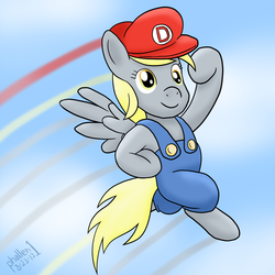 Size: 1200x1200 | Tagged: safe, artist:phallen1, derpy hooves, pony, g4, box art, clothes, cosplay, costume, female, jumping, male, mario, nintendo, solo, super mario bros., super mario bros. 2