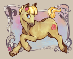 Size: 1280x1024 | Tagged: safe, artist:spectralunicorn, oc, oc only, earth pony, pony, chest fluff, flower, frame, running, smiling, solo, underhoof