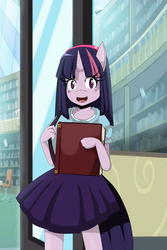Size: 832x1244 | Tagged: safe, artist:traupa, twilight sparkle, anthro, g4, blushing, female, library, solo, younger