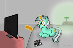 Size: 2195x1435 | Tagged: safe, artist:theusbac, lyra heartstrings, pony, g4, bed, controller, female, gamer lyra, lying down, lying on bed, magic, on bed, resident evil, resident evil 3, solo, telekinesis, television, video game