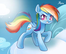 Size: 1450x1200 | Tagged: safe, artist:renokim, rainbow dash, pegasus, pony, g4, cloud, female, folded wings, looking at you, mare, on a cloud, raised hoof, sky, solo, wings