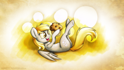 Size: 3840x2160 | Tagged: safe, artist:tenart, derpy hooves, pegasus, pony, g4, bubble, female, food, mare, muffin, on back, solo