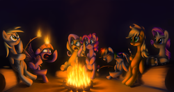 Size: 7389x3900 | Tagged: safe, artist:verulence, applejack, derpy hooves, fluttershy, pinkie pie, rainbow dash, rarity, twilight sparkle, alicorn, pony, g4, campfire, cider mug, dark, fire, food, horn on fire, laughing, mane six, marshmallow, mug, on fire, ouch, roasting, scrunchy face, twilight sparkle (alicorn)