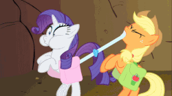 Size: 800x449 | Tagged: safe, screencap, applejack, rarity, earth pony, pony, unicorn, g4, over a barrel, animated, female, loop, mare, misleading thumbnail, mouth hold, not what it looks like, puffy cheeks, saddle bag, wide eyes