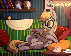 Size: 1397x1087 | Tagged: safe, artist:28gooddays, derpy hooves, pegasus, pony, g4, book, carrot, couch, cushion, featured image, female, food, glasses, hoof hold, indoors, lamp, lying down, mare, medal, meganekko, on back, pillow, reading, shading, snow globe, solo, trophy, written equestrian