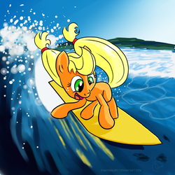 Size: 1024x1024 | Tagged: safe, artist:chaosmalefic, applejack, earth pony, pony, g4, female, solo, surfing, water