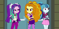 Size: 1192x600 | Tagged: safe, screencap, adagio dazzle, aria blaze, sonata dusk, equestria girls, g4, my little pony equestria girls: rainbow rocks, female, gem, gym, gymnasium, jewelry, necklace, pigtails, ponytail, resting bitch face, siren gem, the dazzlings, trio, trio female, twintails