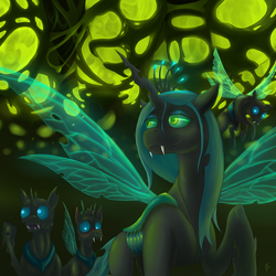 Size: 1024x1026 | Tagged: safe, artist:fatninjah, queen chrysalis, changeling, changeling queen, g4, cocoon, crown, fangs, female, hive, insect wings, jewelry, regalia, transparent wings, wings