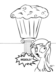 Size: 1200x1541 | Tagged: safe, artist:boxedsurprise, derpy hooves, pegasus, pony, g4, behold, female, food, giant muffin, mare, monochrome, muffin, solo, wat