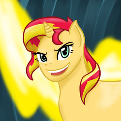 Size: 800x800 | Tagged: safe, artist:cantbreath45, sunset shimmer, pony, unicorn, g4, evil smile, faic, female, grin, human facial structure, mare, open mouth, smiling, solo