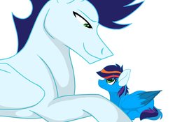 Size: 1024x715 | Tagged: safe, artist:colourstrike, soarin', oc, oc:glider, pony, g4, daddy soarin', father and daughter, offspring, parent:rainbow dash, parent:soarin', parents:soarindash, simple background, white background