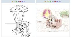 Size: 420x221 | Tagged: safe, artist:boxedsurprise, artist:vickycupcake, screencap, derpy hooves, pegasus, pony, derpibooru, g4, behold, exploitable meme, female, food, giant muffin, homeless, juxtaposition, mare, meme, meta, muffin, rain, sad, wat