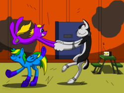 Size: 3500x2625 | Tagged: safe, artist:derpanater, oc, oc only, oc:bombay, oc:buck, oc:hardcase, diamond dog, pegasus, pony, unicorn, fallout equestria, fallout equestria: long haul, commission, container, dancing, digital art, high res, music, party hard, picnic table, radio, smiling