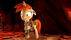 Size: 1920x1080 | Tagged: safe, artist:danj16, oc, oc only, oc:littlepip, pony, unicorn, fallout equestria, 3d, clothes, fanfic, fanfic art, female, friendship, horn, jumpsuit, lava, mare, pipbuck, scared, solo, source filmmaker, vault suit