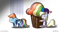 Size: 1280x701 | Tagged: safe, artist:tobibrocki, derpy hooves, rainbow dash, pegasus, pony, g4, apple, female, food, mare, muffin, pointy ponies, rainbow muffin, zap apple, zap apple muffin