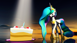 Size: 1280x720 | Tagged: safe, artist:danj16, princess celestia, pony, g4, 3d, cake, cakelestia, food, friendship, reflection, source filmmaker