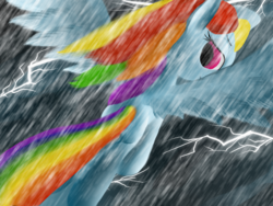Size: 2000x1500 | Tagged: safe, artist:minosua, rainbow dash, g4, cloud, dashing, female, lightning, rain, solo, thunder