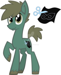 Size: 1280x1566 | Tagged: safe, artist:agentkirin, humdrum, oc, oc only, oc:stitches, earth pony, pony, g4, cutie mark, humdrum costume, male, power ponies, simple background, solo, stallion, transparent background