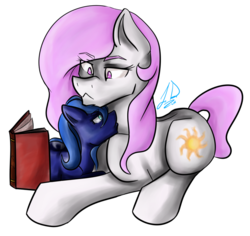 Size: 900x848 | Tagged: safe, artist:lyx-d, princess celestia, princess luna, earth pony, pony, g4, book, female, filly, filly celestia, filly luna, pink-mane celestia, pouting, prone, reading, simple background, snuggling, transparent background, woona, younger