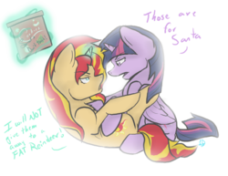 Size: 900x695 | Tagged: safe, artist:lyx-d, sunset shimmer, twilight sparkle, alicorn, pony, unicorn, g4, cookie, cookie box, fight, food, magic, misleading thumbnail, on back, simple background, telekinesis, transparent background, twilight sparkle (alicorn)