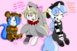 Size: 3000x2000 | Tagged: safe, artist:fullmetalpikmin, oc, oc only, oc:cherry blossom, oc:mal, oc:viewing pleasure, bear, shark, tumblr:ask viewing pleasure, clothes, congenital amputee, costume, high res, mime, shark costume