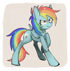 Size: 1067x1085 | Tagged: safe, artist:akomaru, rainbow dash, g4, action pose, female, folded wings, pixiv, raised hoof, solo, standing