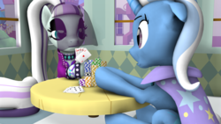 Size: 1920x1080 | Tagged: safe, artist:raptor1701, coloratura, trixie, pony, unicorn, g4, 3d, card, countess coloratura, female, mare, playing card, poker, poker face, source filmmaker