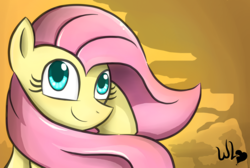 Size: 1900x1275 | Tagged: safe, artist:whitelie, fluttershy, g4, autumn, bust, colored pupils, female, looking at you, portrait, smiling, solo, windswept mane