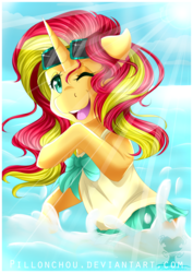 Size: 2893x4092 | Tagged: safe, artist:pillonchou, sunset shimmer, pony, unicorn, g4, bowtie, clothes, crepuscular rays, female, high res, ocean, one eye closed, open mouth, skirt, solo, splashing, summer, sun, water, wink