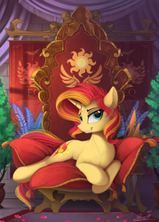 Size: 1785x2500 | Tagged: safe, artist:yakovlev-vad, sunset shimmer, pony, unicorn, g4, banner, bedroom eyes, chair, chest fluff, cute, ear fluff, featured image, female, floppy ears, fluffy, grin, high res, looking at you, lying down, lying on pillows, mare, paint tool sai, pillow, praise the sunset, prone, royalty, shimmerbetes, signature, slim, smiling, smirk, smugset shimmer, solo, throne