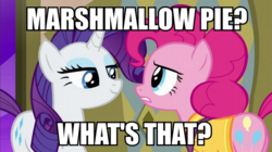 Size: 890x500 | Tagged: safe, edit, edited screencap, screencap, pinkie pie, rarity, g4, spice up your life, bedroom eyes, caption, image macro, implied lesbian, implied raripie, implied shipping, marshmallow pie, meme