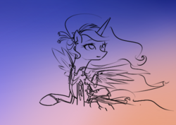 Size: 795x563 | Tagged: safe, artist:yuntaoxd, princess luna, g4, clothes, gradient background, lineart, spread wings, wip