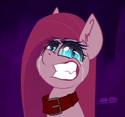 Size: 1159x1087 | Tagged: safe, artist:duop-qoub, pinkie pie, earth pony, pony, g4, bust, collar, crying, female, mare, pinkamena diane pie, portrait, solo