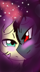 Size: 670x1191 | Tagged: safe, artist:xiolyeca, fluttershy, king sombra, g4, blushing, female, lidded eyes, looking at each other, magic, male, ship:sombrashy, shipping, smiling, straight