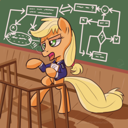Size: 1024x1024 | Tagged: safe, artist:chaosmalefic, applejack, earth pony, pony, g4, bipedal, clothes, fancy mathematics, female, flowchart, lecture, math, open mouth, solo